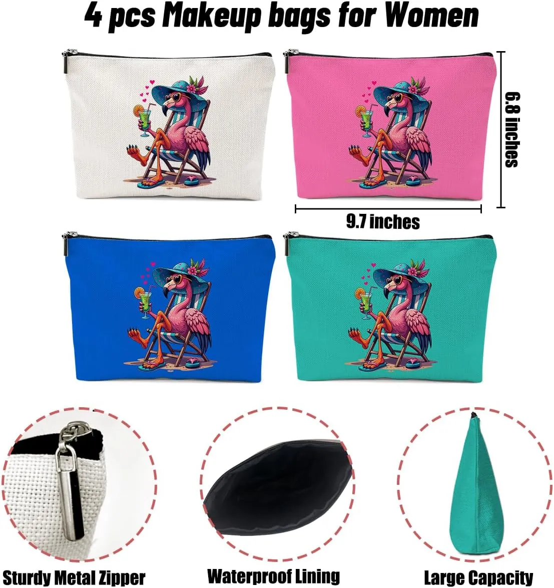 4 Pack Beach Summer Whimsical Bird Flamingo Gifts Makeup Bag, Travel Essentials Cosmetic Bags for Women Teacher Sister Girl Trip, Travel Toiletry Bag for Graduation Birthday Christmas Weekend Vacation