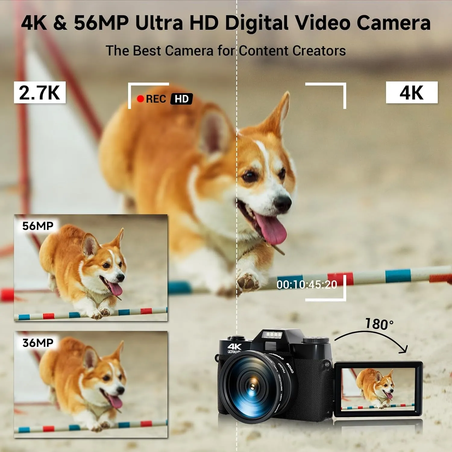 4K Digital Camera for Photography Autofocus 56MP 16X Digital Zoom with WiFi 3'' 180° Flip Screen Vlogging YouTube Video Students Compact Cameras with 2 Batteries 64GB Micro SD Card (Black)
