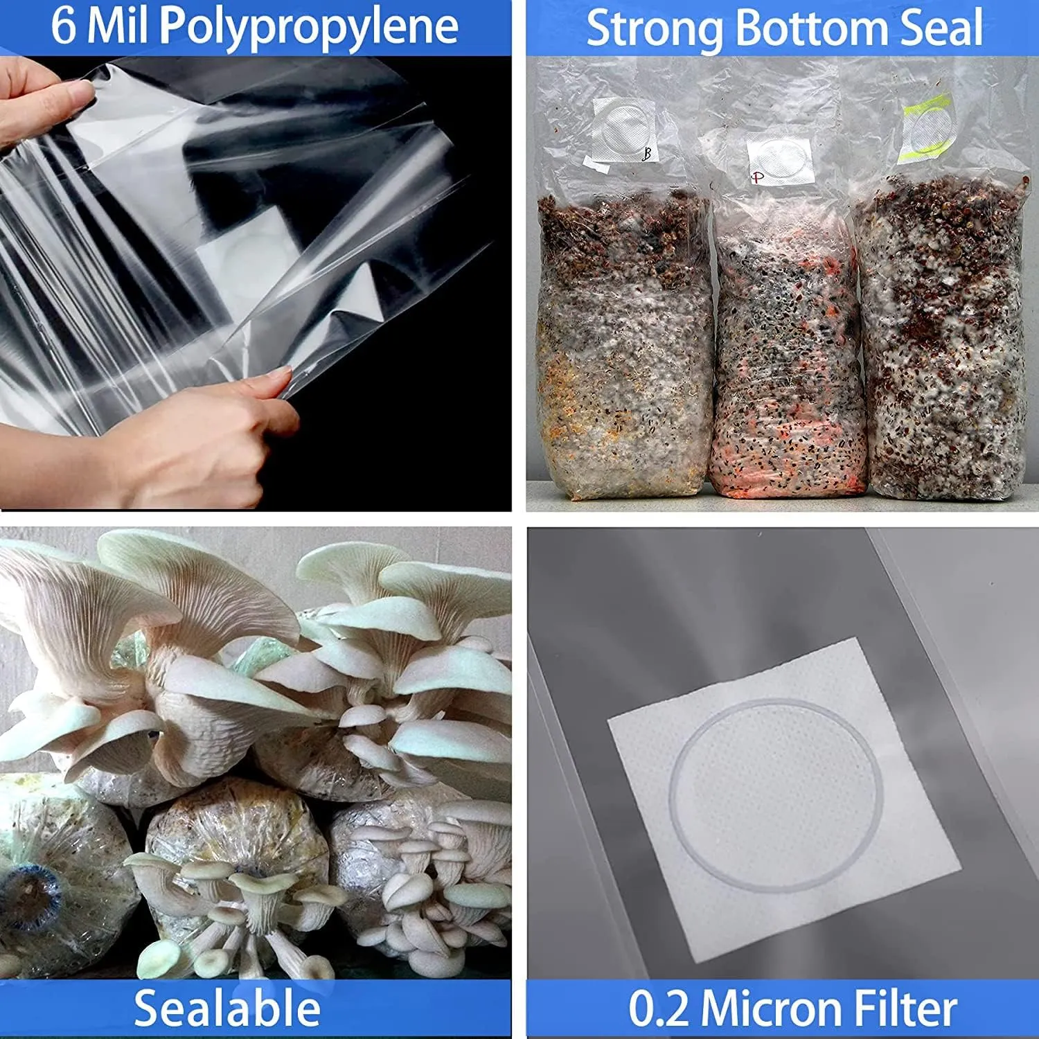 50 Pack, Mushroom Grow Bags, Heavy Duty 6 Mil Polypropylene Mushroom Substrate Bags, Large Size 8" X 5" X 20" for Mushroom Cultivation, Spawn Bags, and Sawdust Fruiting Blocks