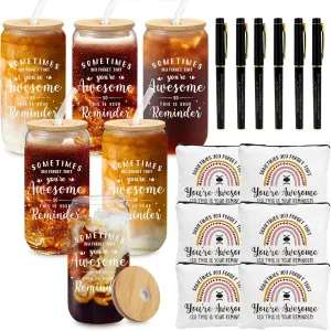 6 Set Employee Appreciation Gifts, 16oz Glass Cups with Lids & Straws, Makeup Bags, Ballpoint Pens, Thank You Gifts for Women & Men