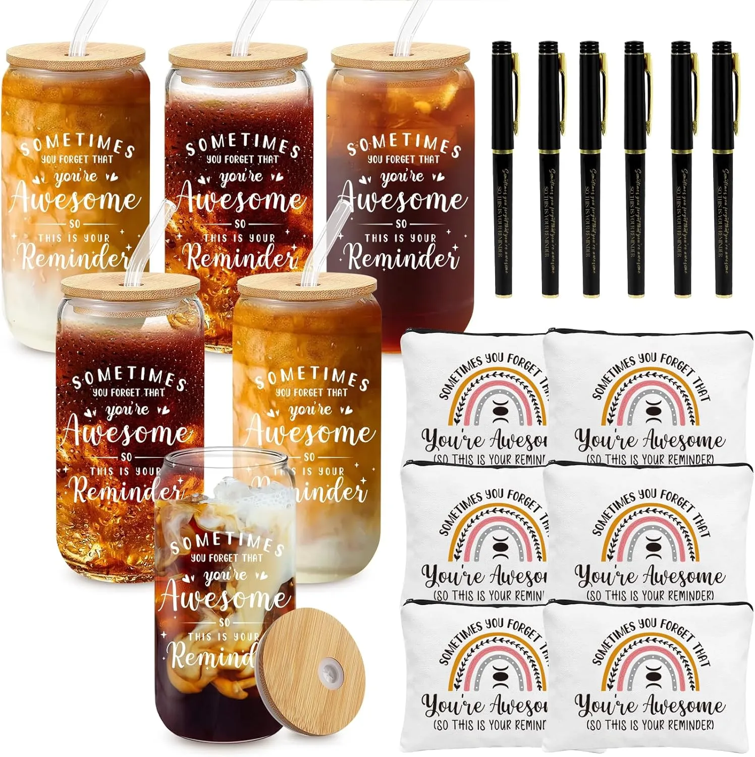 6 Set Employee Appreciation Gifts, 16oz Glass Cups with Lids & Straws, Makeup Bags, Ballpoint Pens, Thank You Gifts for Women & Men
