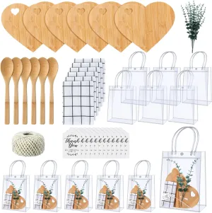 6 Sets Baby Shower Prizes for Game Player Baby Shower Winners Guest Gifts Bamboo Cheese Board Bamboo Spoon Plaid Towel Artificial Eucalyptus Stems Tags Bags for Wedding Bridal Favors (Heart)