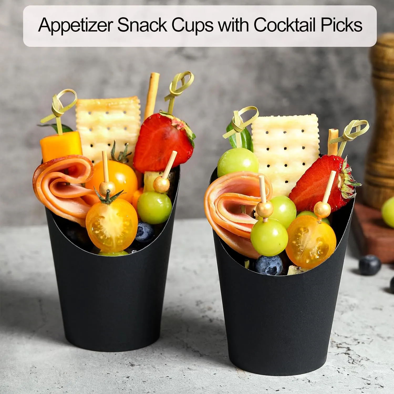 60 Sets Disposable Charcuterie Cups with Sticks and Bags, 14 oz Black Kraft Paper Snack Boxes Appetizers Cup French Fry Holder with Cocktail Skewers Toothpicks Tooth Picks