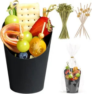 60 Sets Disposable Charcuterie Cups with Sticks and Bags, 14 oz Black Kraft Paper Snack Boxes Appetizers Cup French Fry Holder with Cocktail Skewers Toothpicks Tooth Picks