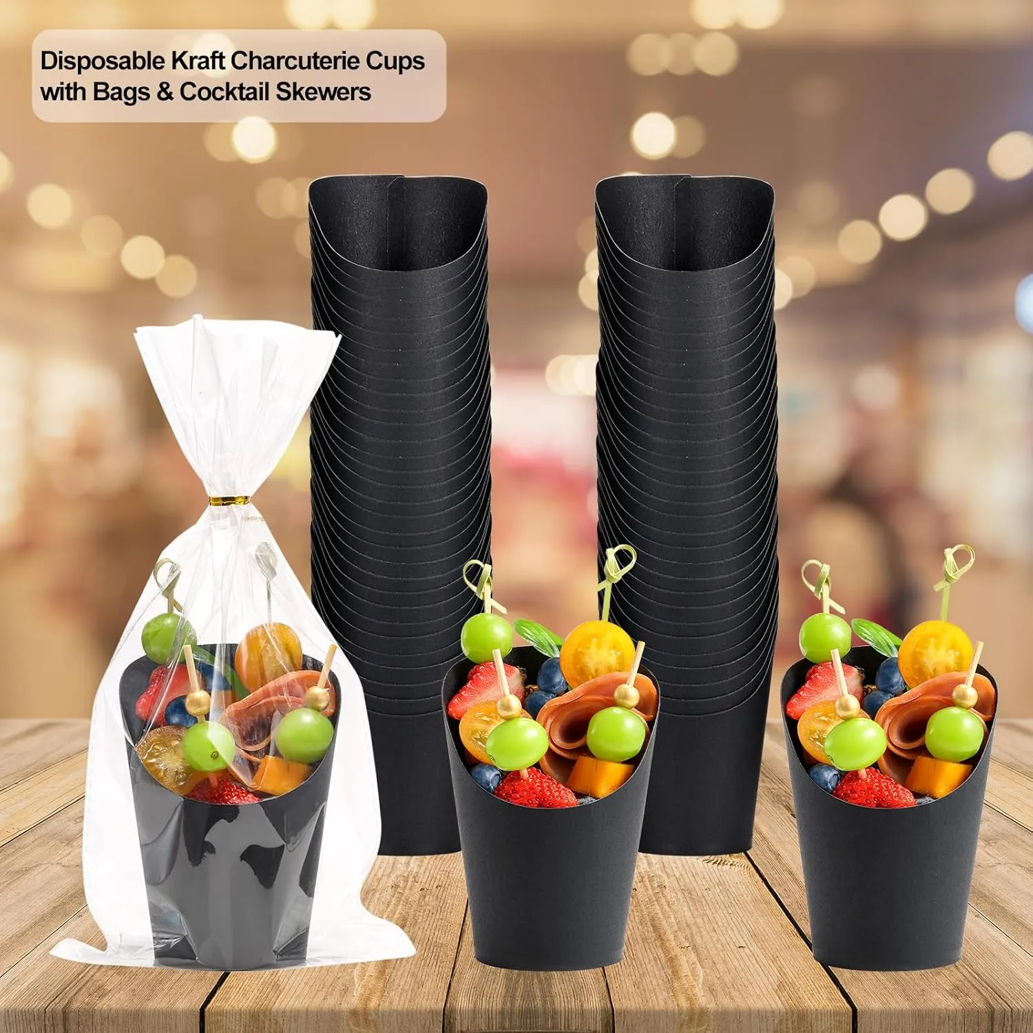 60 Sets Disposable Charcuterie Cups with Sticks and Bags, 14 oz Black Kraft Paper Snack Boxes Appetizers Cup French Fry Holder with Cocktail Skewers Toothpicks Tooth Picks