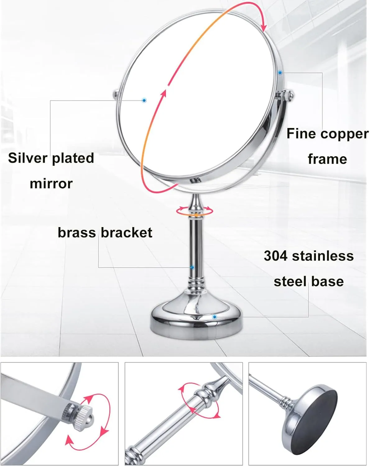 8 Inch Tabletop Makeup Mirror, Double Side Rotation Magnification Cosmetic Mirror, Men's HD Shaving Mirror, Vanity Mirror for Beauty Salon, Standing Countertop Mirror,Rosegold,7X