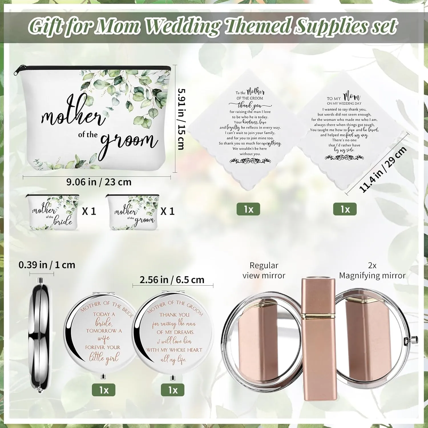 8 Pack Mother of the Bride Groom Gift Set - Includes 16oz Glass Cup Cosmetic Make up Bag Pocket Mirror Handkerchief, Engagement Anniversary Wedding Day Gifts for Mom Mother in Law(Leaves)