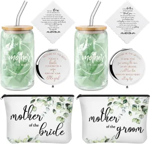 8 Pack Mother of the Bride Groom Gift Set - Includes 16oz Glass Cup Cosmetic Make up Bag Pocket Mirror Handkerchief, Engagement Anniversary Wedding Day Gifts for Mom Mother in Law(Leaves)