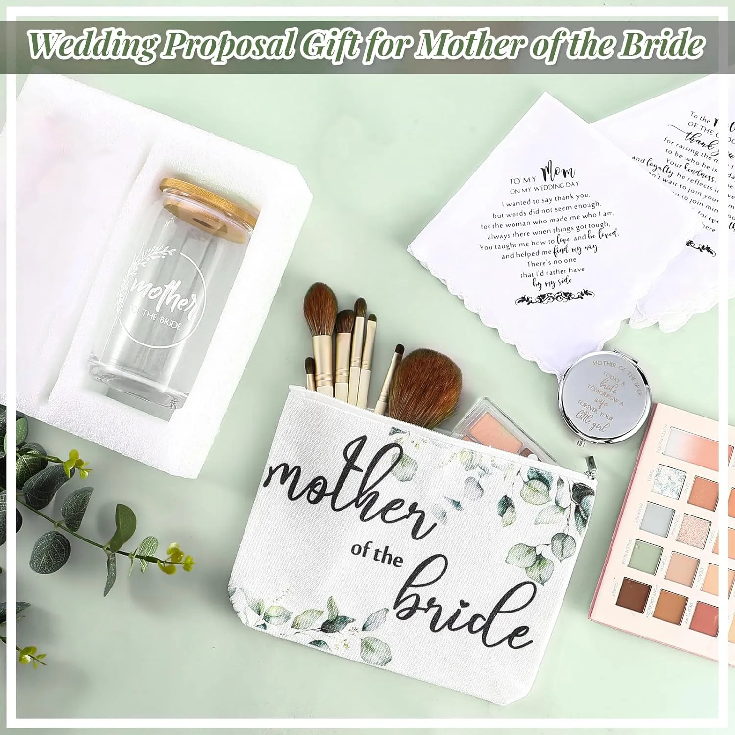 8 Pack Mother of the Bride Groom Gift Set - Includes 16oz Glass Cup Cosmetic Make up Bag Pocket Mirror Handkerchief, Engagement Anniversary Wedding Day Gifts for Mom Mother in Law(Leaves)