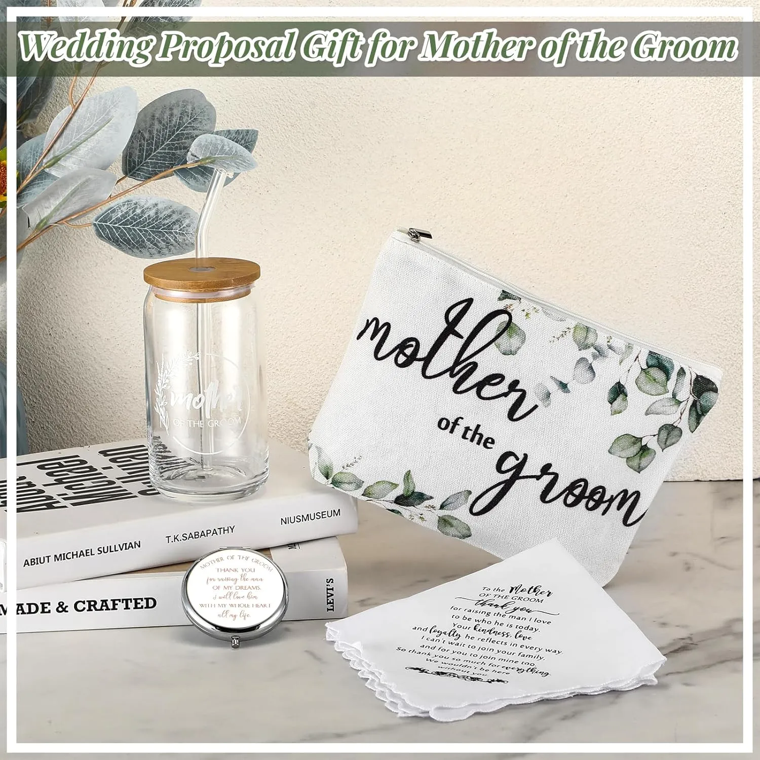 8 Pack Mother of the Bride Groom Gift Set - Includes 16oz Glass Cup Cosmetic Make up Bag Pocket Mirror Handkerchief, Engagement Anniversary Wedding Day Gifts for Mom Mother in Law(Leaves)