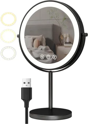 9 Inch Black Tabletop LED Makeup Vanity Mirror, 2 Sided Rotation Magnifying Beauty Cosmetic Mirror with Touch Screen Dimmable, Rechargeable Bathroom HD Shaving Mirror,7X