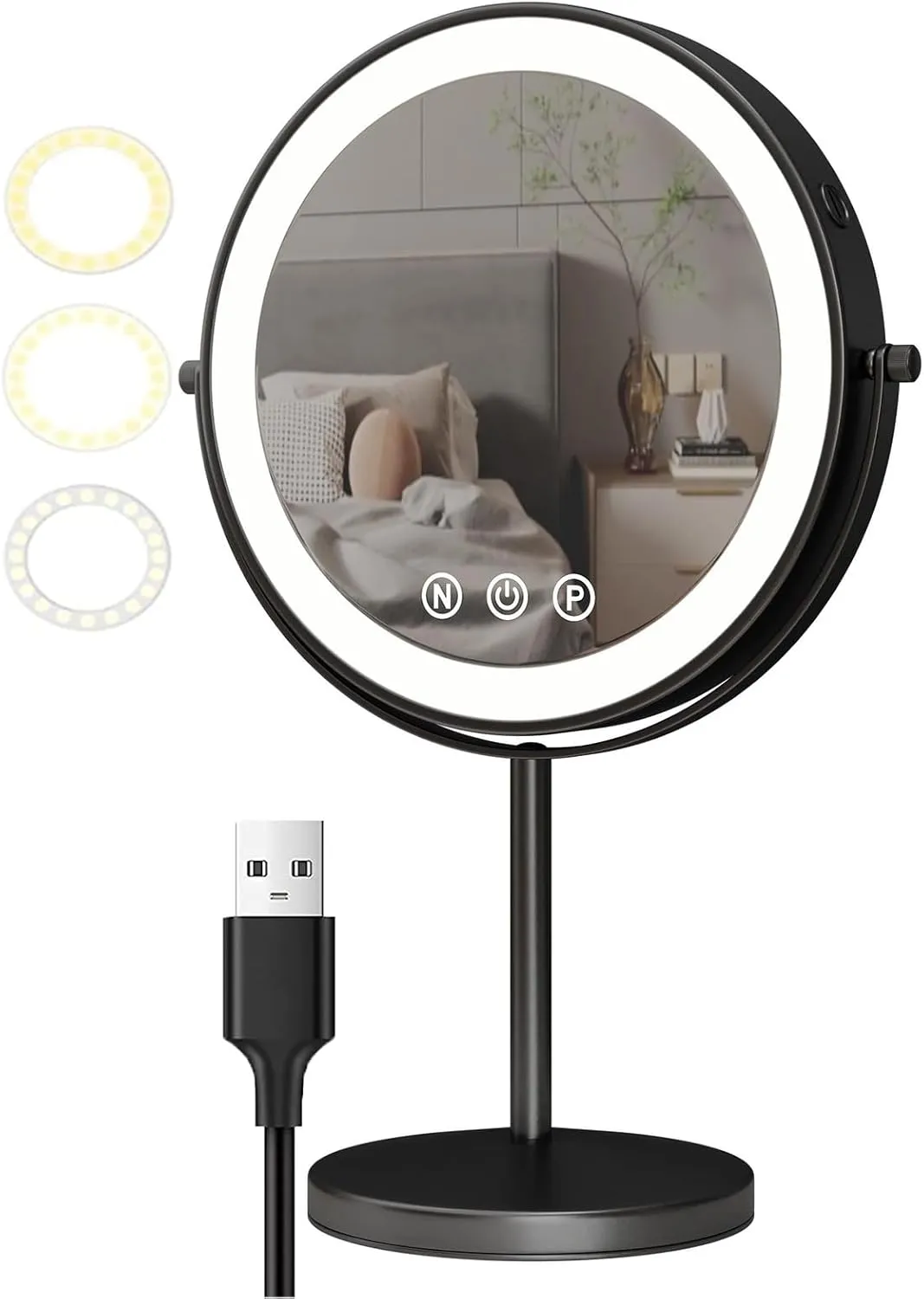 9 Inch Black Tabletop LED Makeup Vanity Mirror, 2 Sided Rotation Magnifying Beauty Cosmetic Mirror with Touch Screen Dimmable, Rechargeable Bathroom HD Shaving Mirror,7X