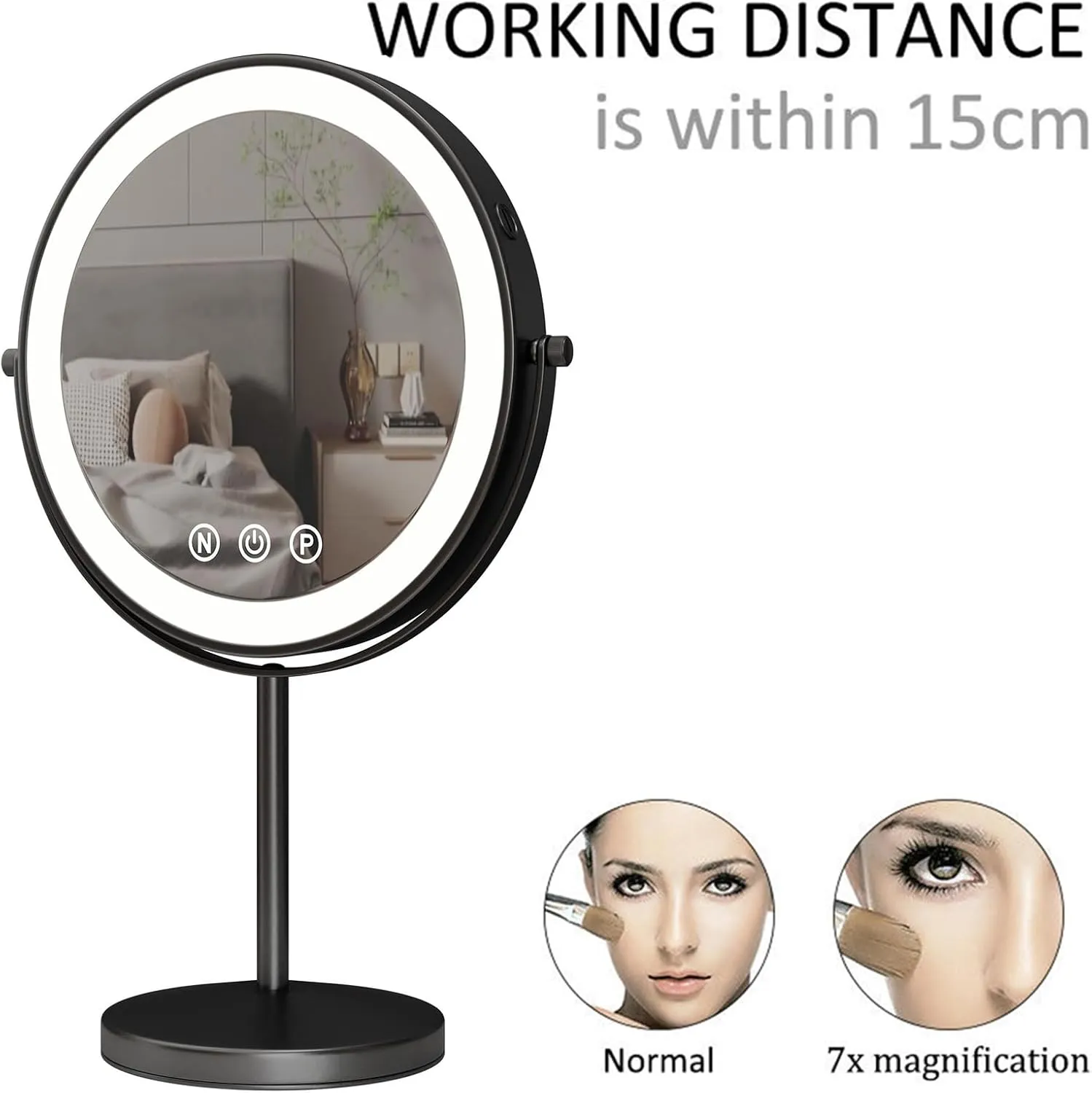 9 Inch Black Tabletop LED Makeup Vanity Mirror, 2 Sided Rotation Magnifying Beauty Cosmetic Mirror with Touch Screen Dimmable, Rechargeable Bathroom HD Shaving Mirror,7X