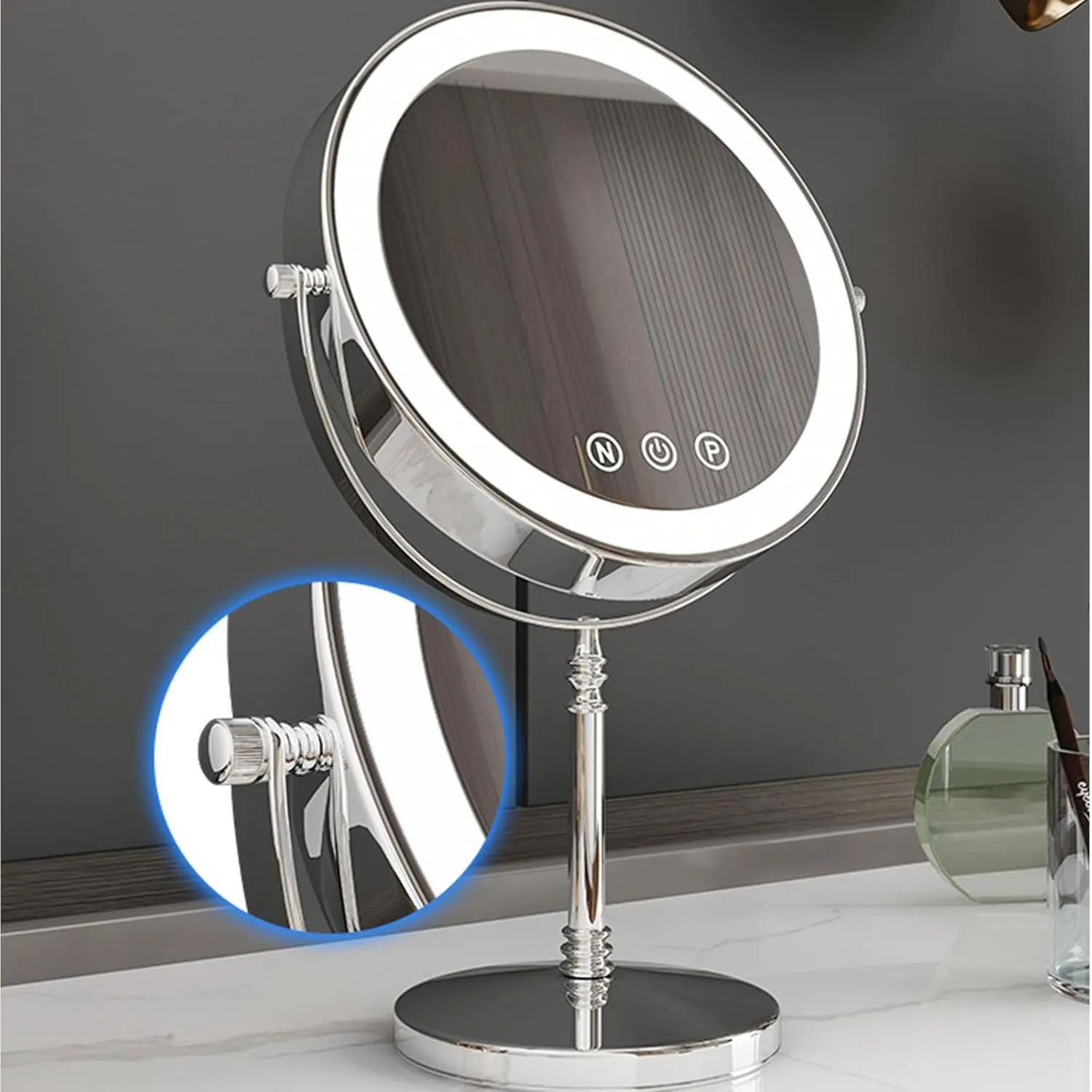 9 Inch Black Tabletop LED Makeup Vanity Mirror, 2 Sided Rotation Magnifying Beauty Cosmetic Mirror with Touch Screen Dimmable, Rechargeable Bathroom HD Shaving Mirror,7X