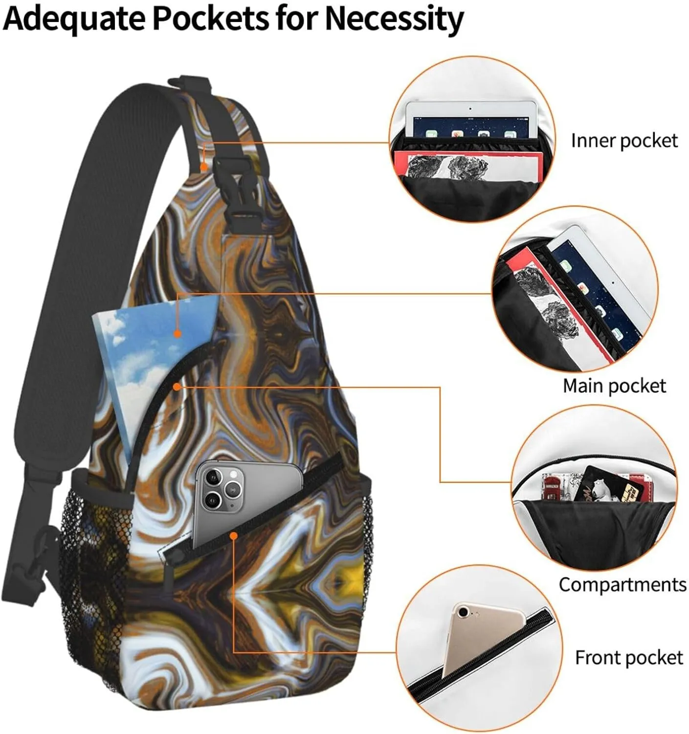 Abstract Marble Ink Textur Print Diagonally Sling Bag,Crossbody Sling Backpack Shoulder Chest Bag For Women Men