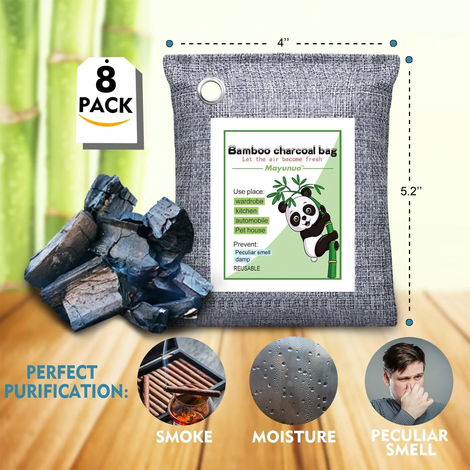 Activated Charcoal Odor Absorber 8 Pack, Nature Bamboo Charcoal Air Purifying Bag, Odor Eliminator Smell Remove Air Freshener, Moisture Absorber Deodorizer for Room, Closet, Car, Smoke, Shoe