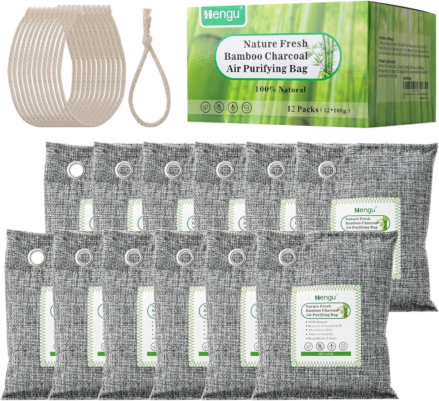 Activated Charcoal Odor Absorber (Large, 12 Pack, 100g each), Natural Charcoal Odor Absorber Bamboo Charcoal Air Purifying Bag for Home, Fridge, Cabinet