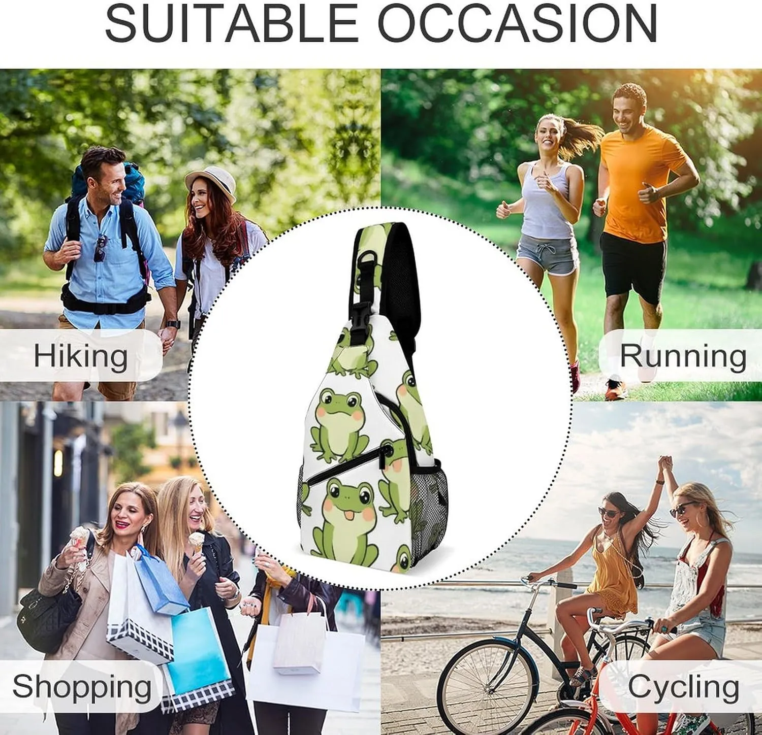 Adjustable Cute Frog Crossbody Backpack, Large Capacity Sling Bag Shoulder Pack with Buckles on both sides, Sling Bag with Multi-pockets and Strap