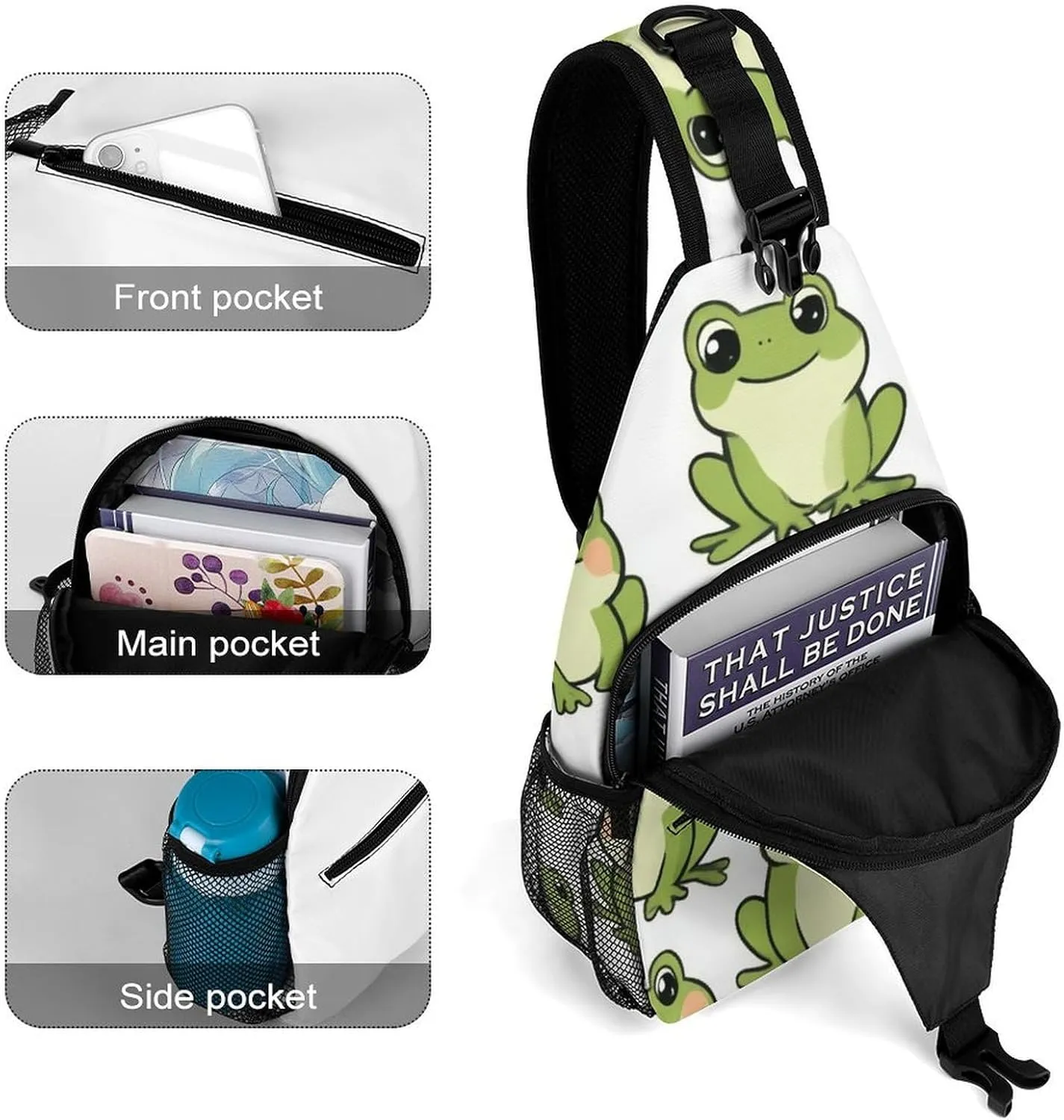 Adjustable Cute Frog Crossbody Backpack, Large Capacity Sling Bag Shoulder Pack with Buckles on both sides, Sling Bag with Multi-pockets and Strap