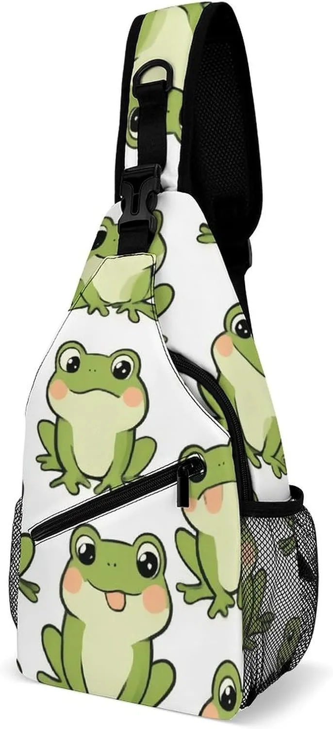 Adjustable Cute Frog Crossbody Backpack, Large Capacity Sling Bag Shoulder Pack with Buckles on both sides, Sling Bag with Multi-pockets and Strap