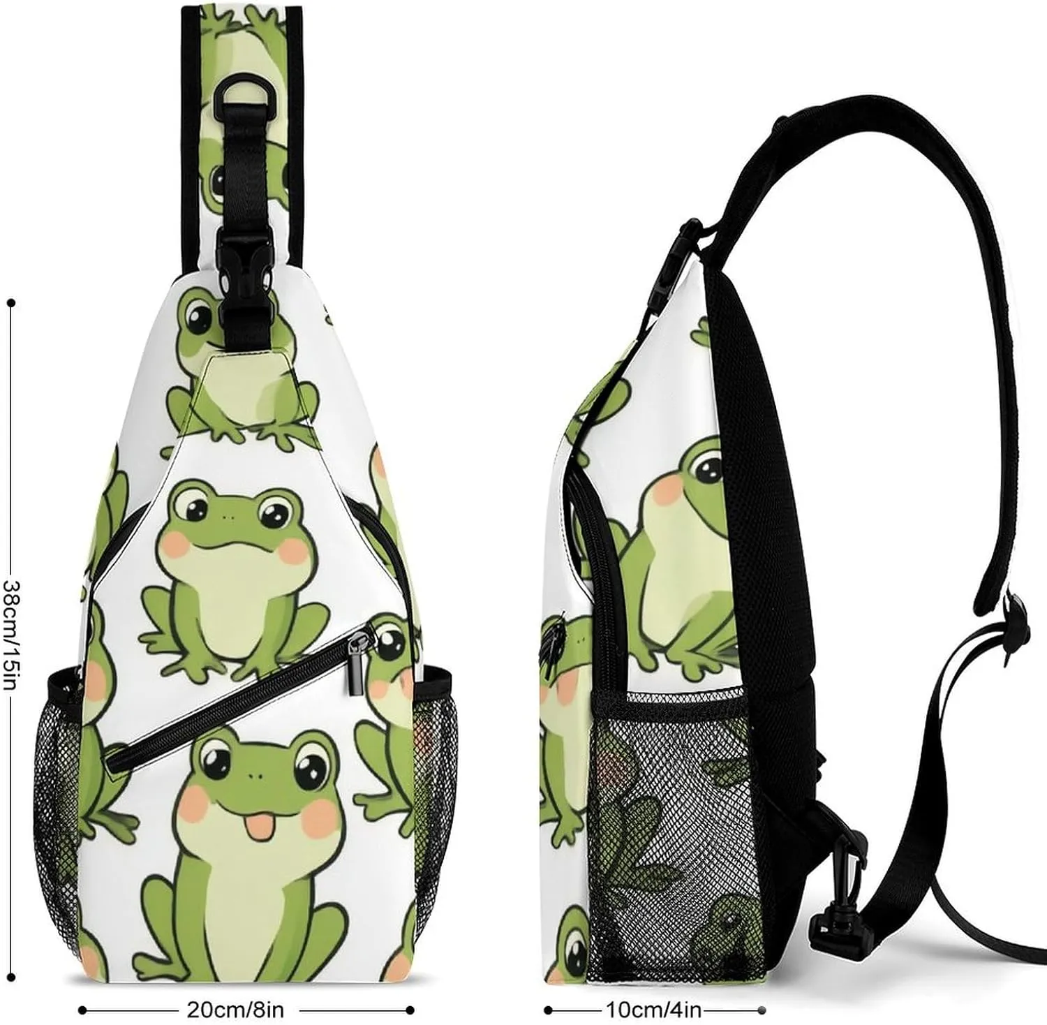 Adjustable Cute Frog Crossbody Backpack, Large Capacity Sling Bag Shoulder Pack with Buckles on both sides, Sling Bag with Multi-pockets and Strap