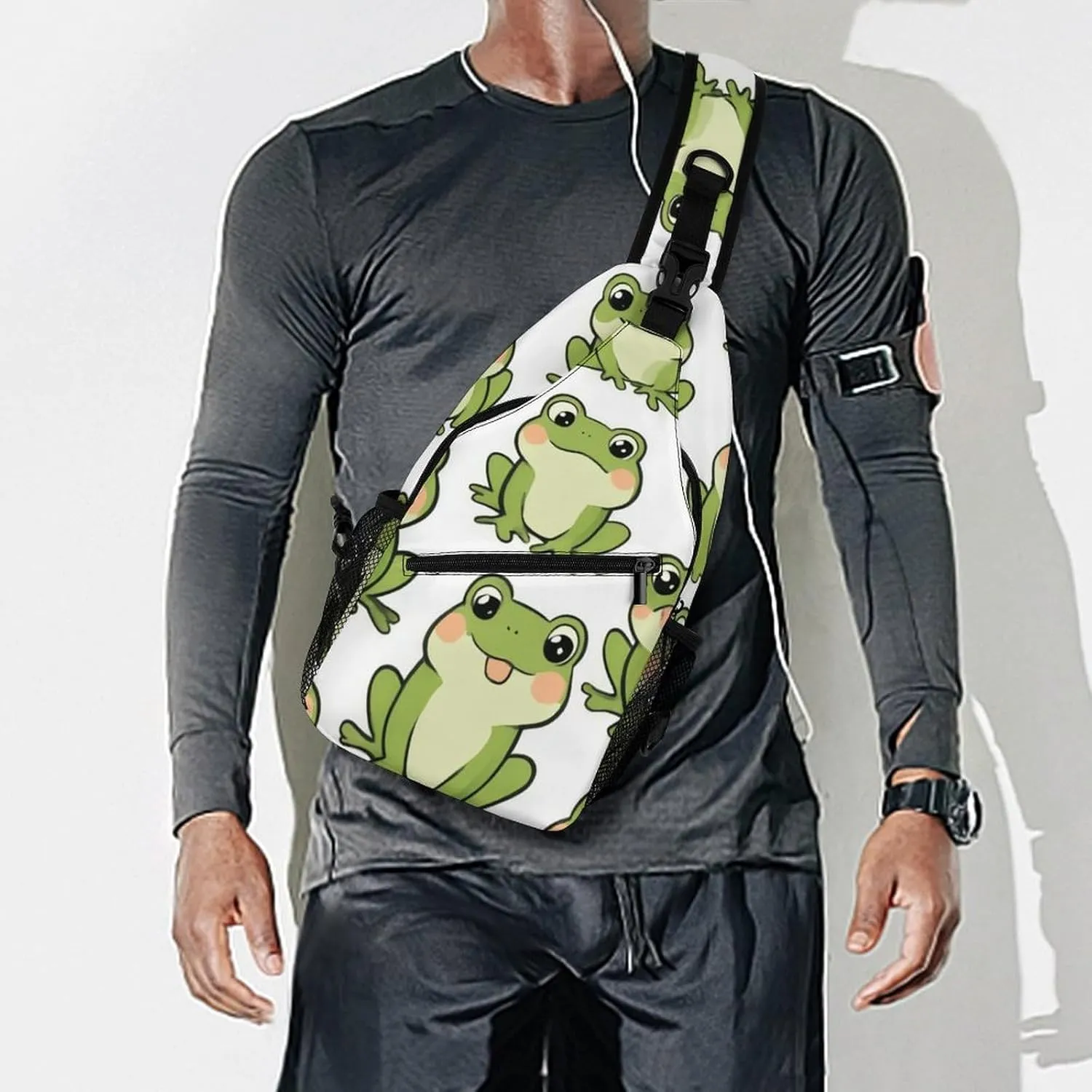 Adjustable Cute Frog Crossbody Backpack, Large Capacity Sling Bag Shoulder Pack with Buckles on both sides, Sling Bag with Multi-pockets and Strap