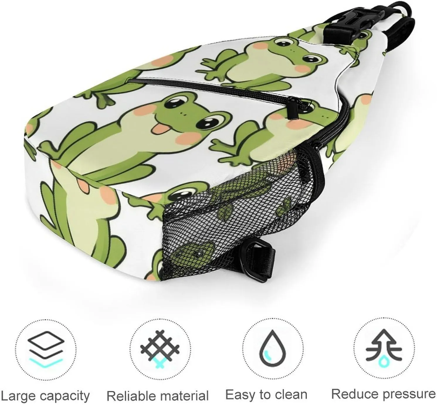 Adjustable Cute Frog Crossbody Backpack, Large Capacity Sling Bag Shoulder Pack with Buckles on both sides, Sling Bag with Multi-pockets and Strap