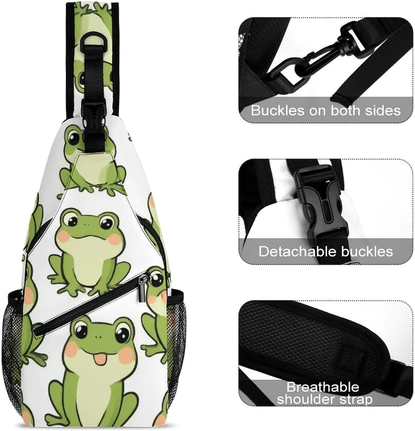 Adjustable Cute Frog Crossbody Backpack, Large Capacity Sling Bag Shoulder Pack with Buckles on both sides, Sling Bag with Multi-pockets and Strap