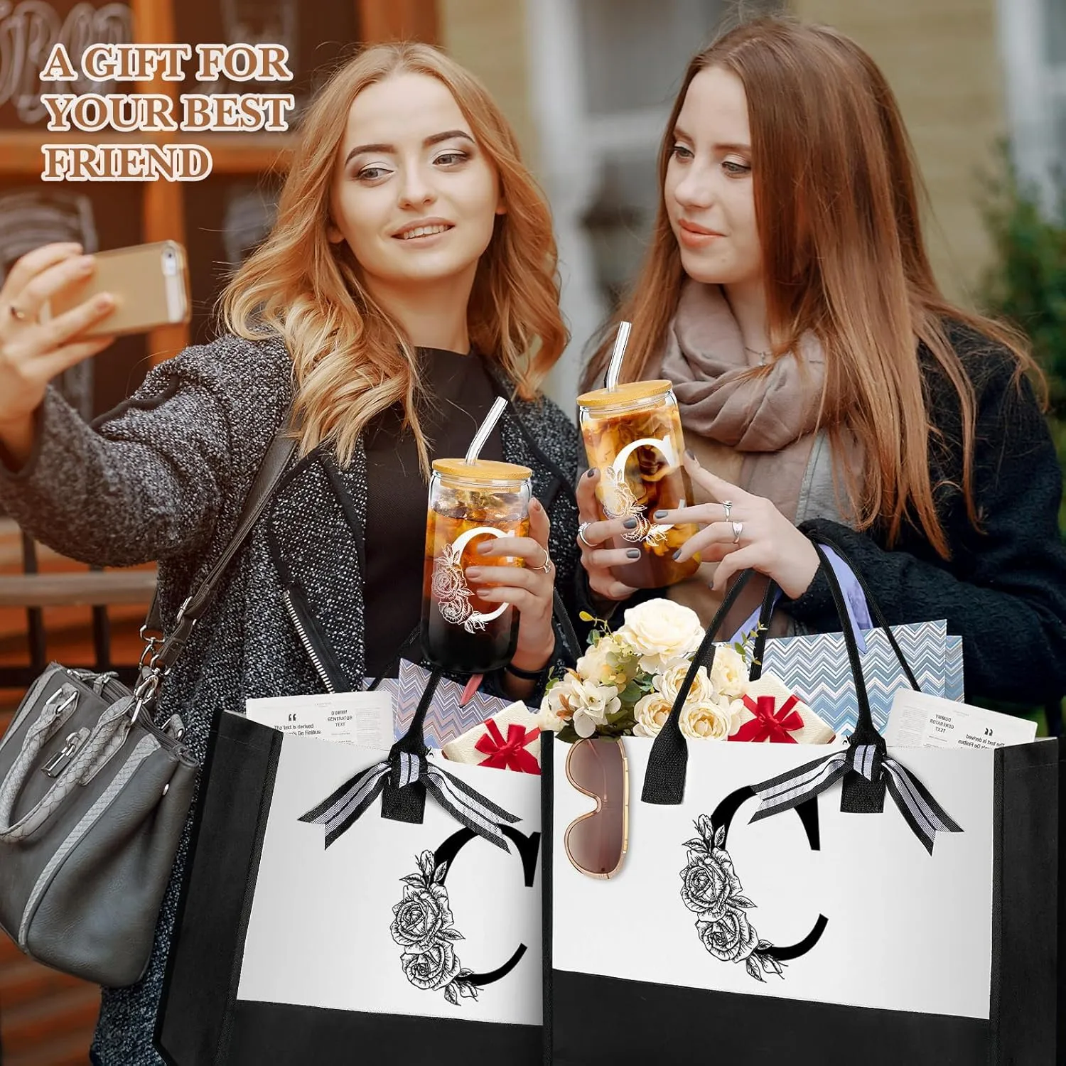 Aliceset Initial Gifts for Women Monogram Canvas Tote Bag and Makeup with Zipper and Initial Glass Coffee Cup Gifts for Her