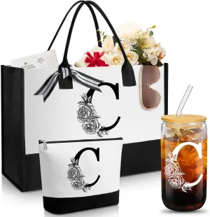 Aliceset Initial Gifts for Women Monogram Canvas Tote Bag and Makeup with Zipper and Initial Glass Coffee Cup Gifts for Her