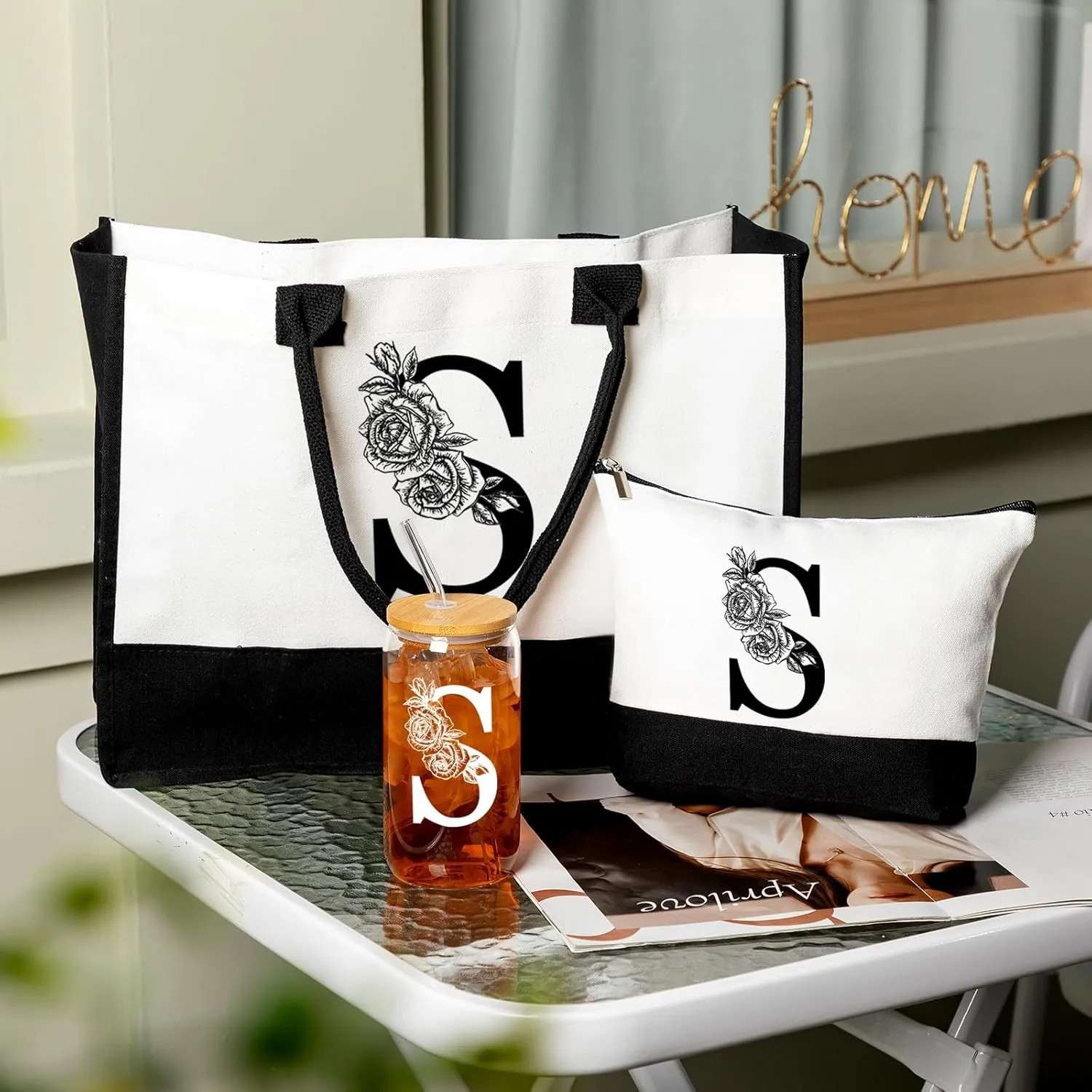 Aliceset Initial Gifts for Women Monogram Canvas Tote Bag and Makeup with Zipper and Initial Glass Coffee Cup Gifts for Her