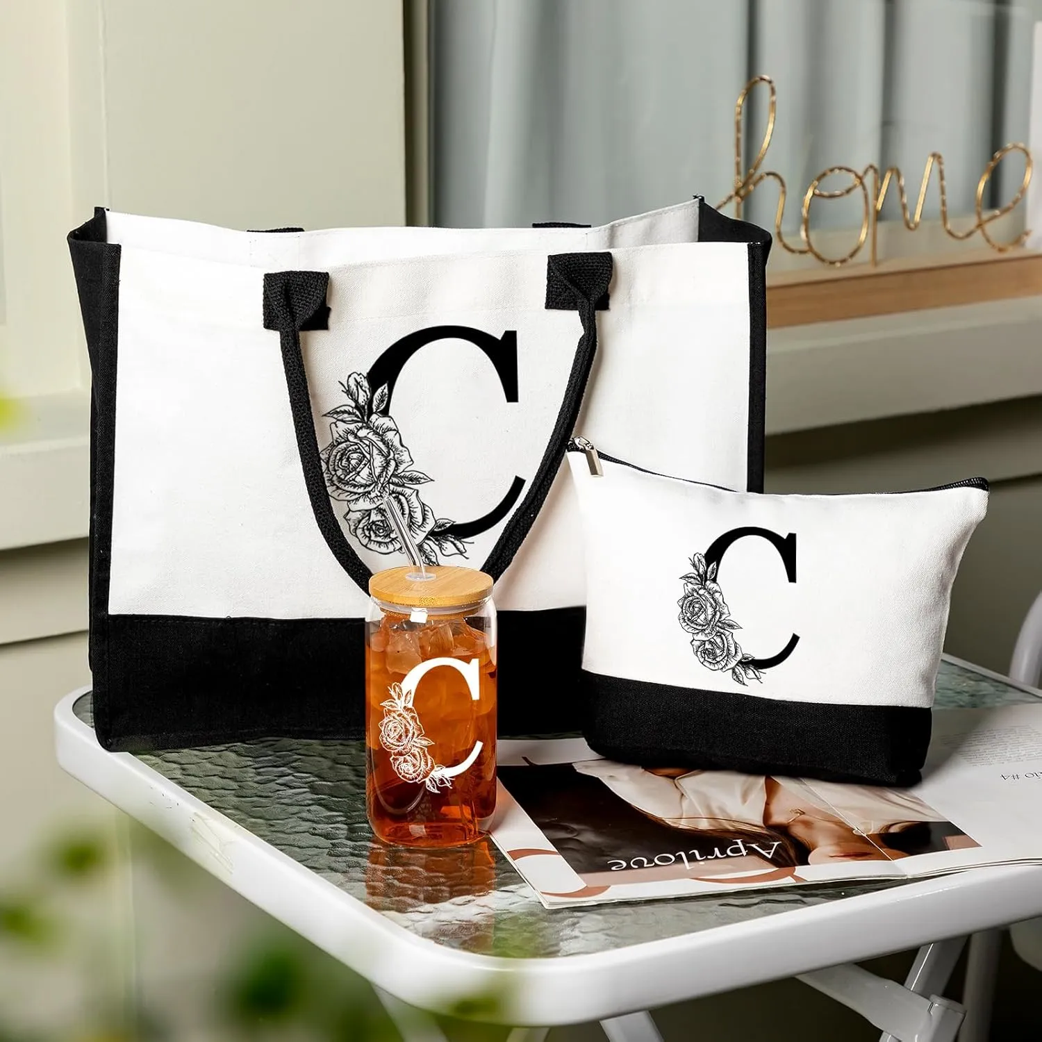 Aliceset Initial Gifts for Women Monogram Canvas Tote Bag and Makeup with Zipper and Initial Glass Coffee Cup Gifts for Her