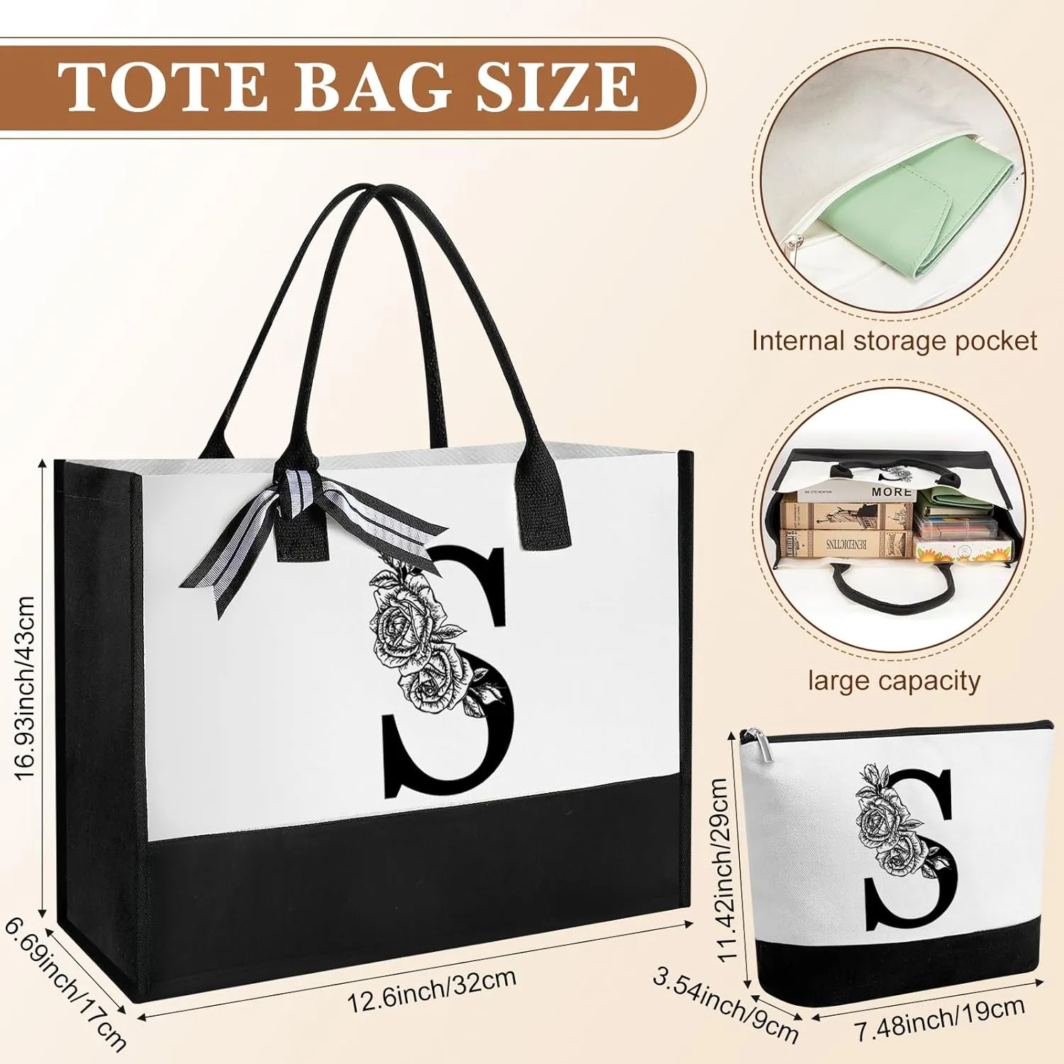 Aliceset Initial Gifts for Women Monogram Canvas Tote Bag and Makeup with Zipper and Initial Glass Coffee Cup Gifts for Her