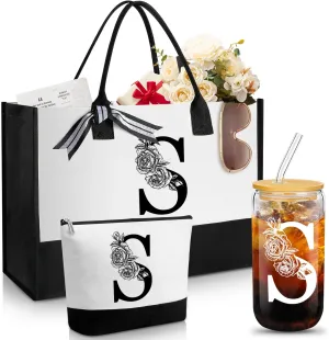 Aliceset Initial Gifts for Women Monogram Canvas Tote Bag and Makeup with Zipper and Initial Glass Coffee Cup Gifts for Her