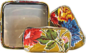 Alux 3-Pc Travel Makeup Bags for Women; Multi-Color, Chic and Stylish Travel Toiletry Bag Set; Large and Medium Makeup Bags for Vanity and Luggage and Small Makeup Bag for Purse - Chrysanthemums Gold