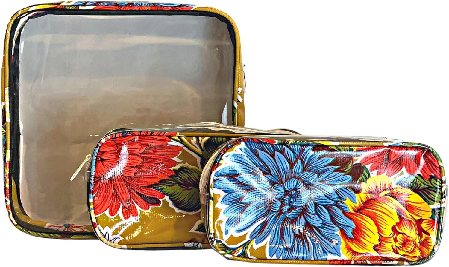 Alux 3-Pc Travel Makeup Bags for Women; Multi-Color, Chic and Stylish Travel Toiletry Bag Set; Large and Medium Makeup Bags for Vanity and Luggage and Small Makeup Bag for Purse - Chrysanthemums Gold