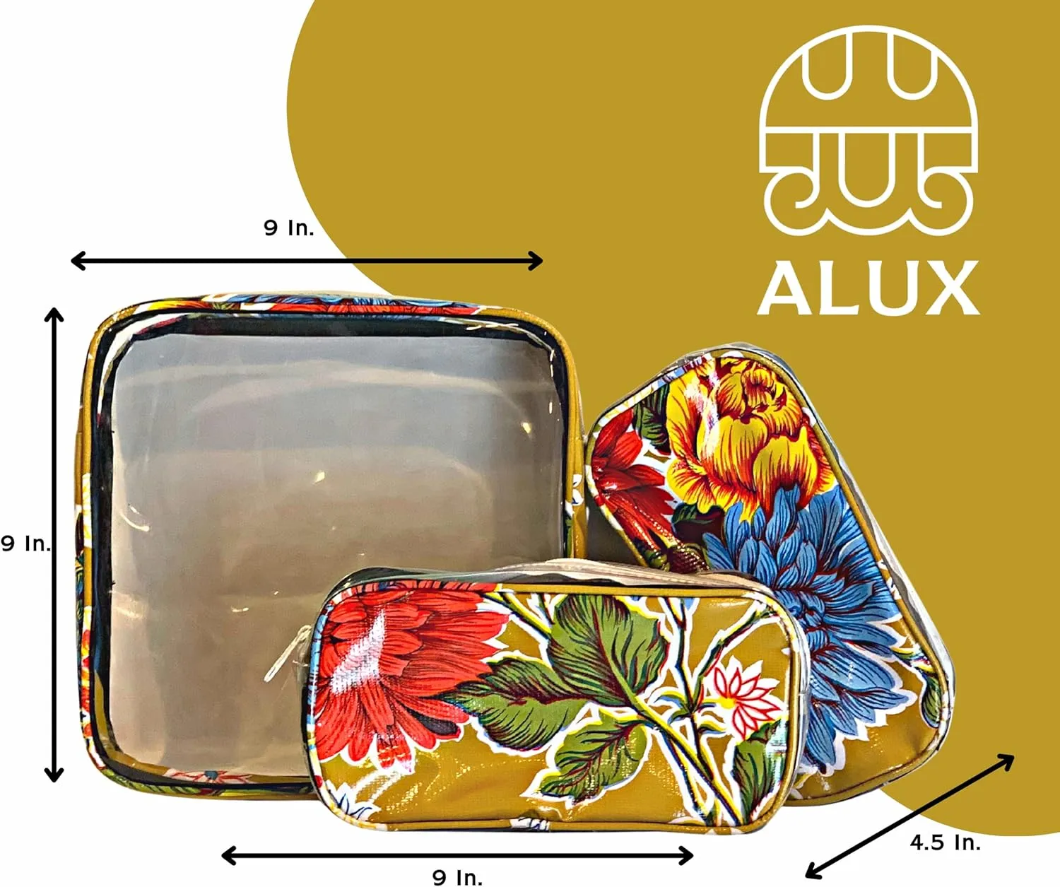 Alux 3-Pc Travel Makeup Bags for Women; Multi-Color, Chic and Stylish Travel Toiletry Bag Set; Large and Medium Makeup Bags for Vanity and Luggage and Small Makeup Bag for Purse - Chrysanthemums Gold