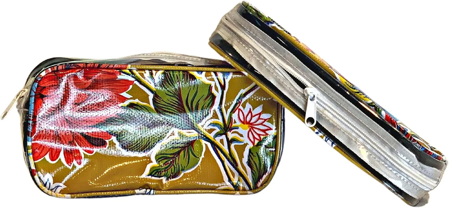 Alux 3-Pc Travel Makeup Bags for Women; Multi-Color, Chic and Stylish Travel Toiletry Bag Set; Large and Medium Makeup Bags for Vanity and Luggage and Small Makeup Bag for Purse - Chrysanthemums Gold