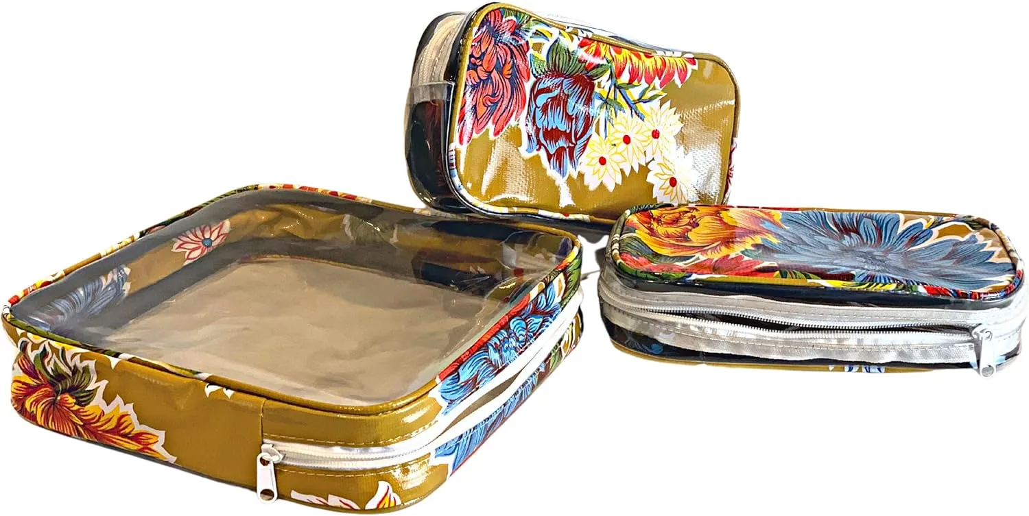 Alux 3-Pc Travel Makeup Bags for Women; Multi-Color, Chic and Stylish Travel Toiletry Bag Set; Large and Medium Makeup Bags for Vanity and Luggage and Small Makeup Bag for Purse - Chrysanthemums Gold