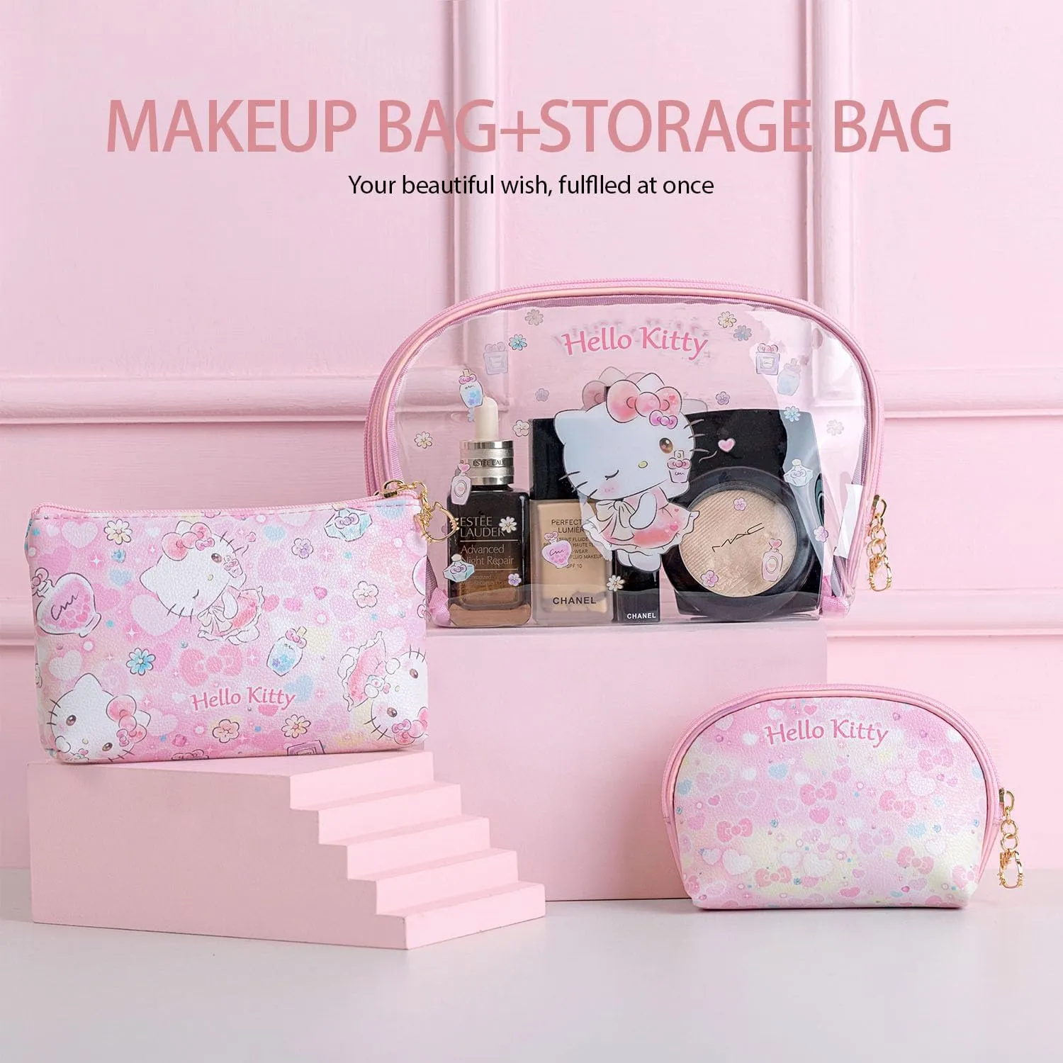 AmBealla Cosmetic Bag Large Makeup Travel Case with Brush Holder, Waterproof Makeup Bag Organizer with Hanging Hook, Travel Toiletry Bag for Women, Sweet & Stylish for Girls