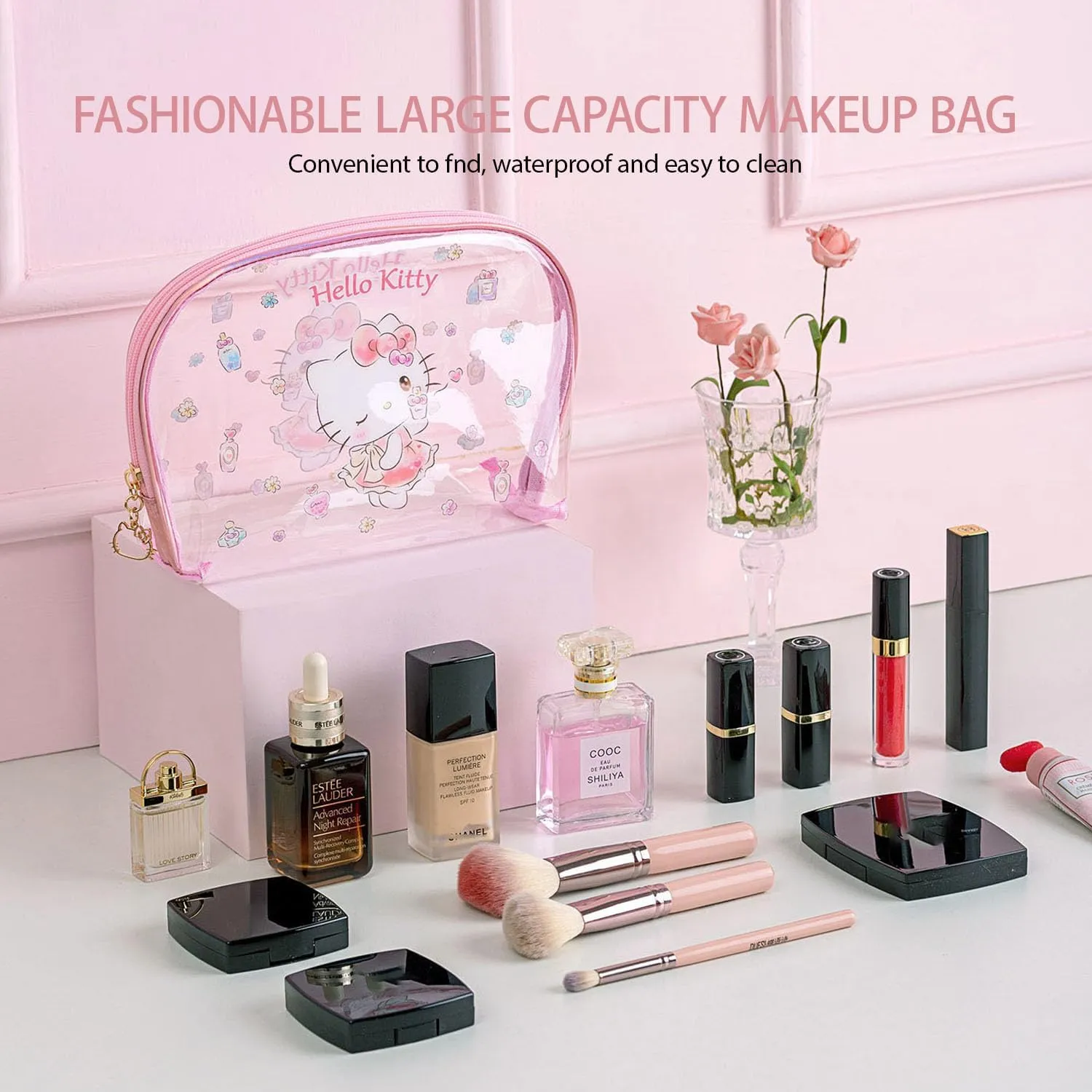 AmBealla Cosmetic Bag Large Makeup Travel Case with Brush Holder, Waterproof Makeup Bag Organizer with Hanging Hook, Travel Toiletry Bag for Women, Sweet & Stylish for Girls