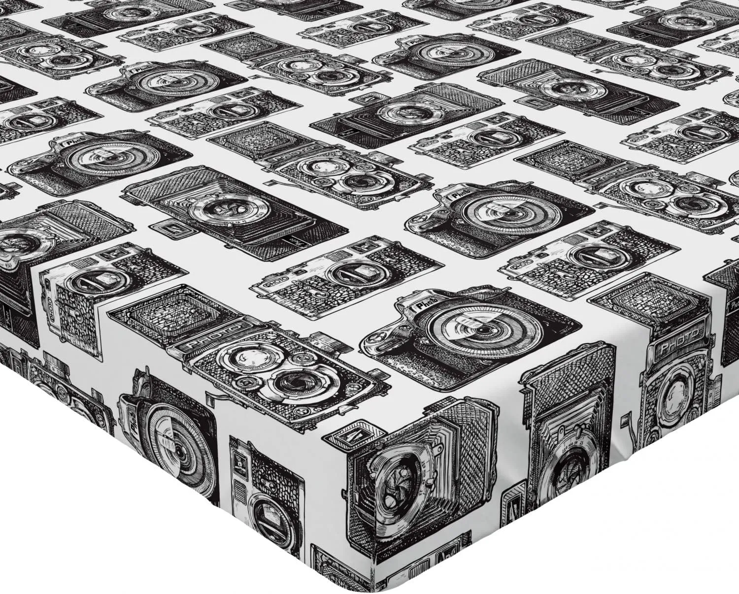 Ambesonne Camera Fitted Sheet, Antique Analog Film Recording Instruments Engraved Professional Photographer, Bed Cover with All-Round Elastic Deep Pocket for Comfort, King Size, Black and White