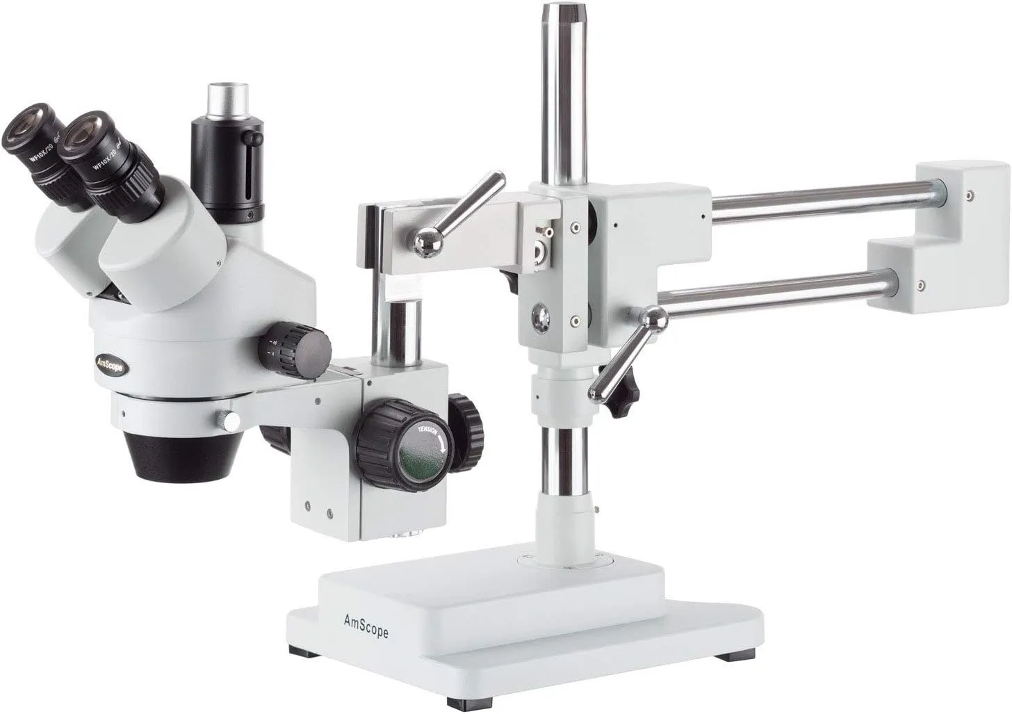 AmScope SM-4T Professional Trinocular Stereo Zoom Microscope, WH10x Eyepieces, 7X-45X Magnification, 0.7X-4.5X Zoom Objective, Ambient Lighting, Double-Arm Boom Stand