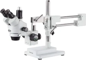 AmScope SM-4T Professional Trinocular Stereo Zoom Microscope, WH10x Eyepieces, 7X-45X Magnification, 0.7X-4.5X Zoom Objective, Ambient Lighting, Double-Arm Boom Stand