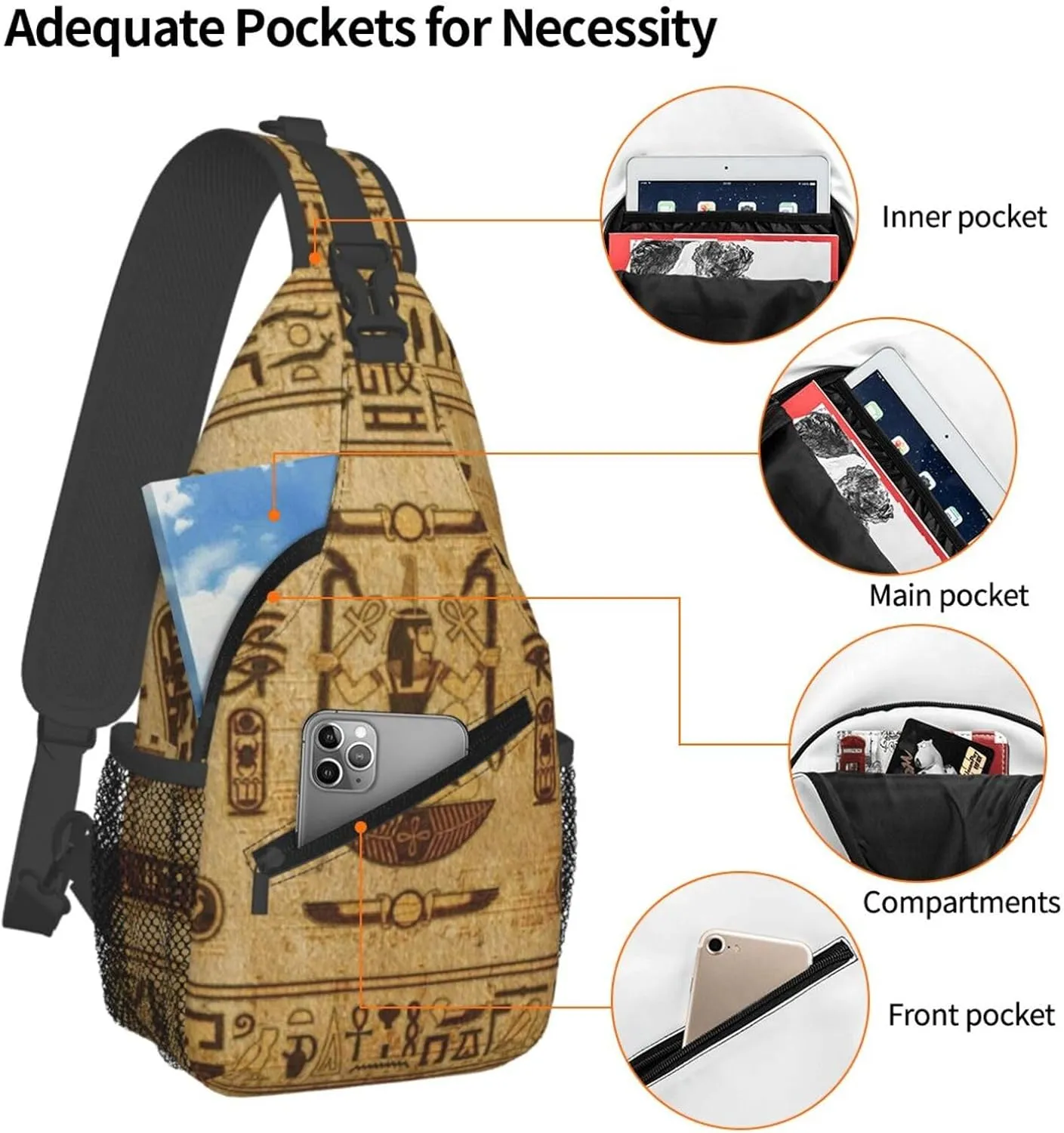 Ancient Egyptian Pyramids Vintage Cultural Symbols Men'S Crossbody Bag Travel Hiking Shoulder Backpack Chest Bag