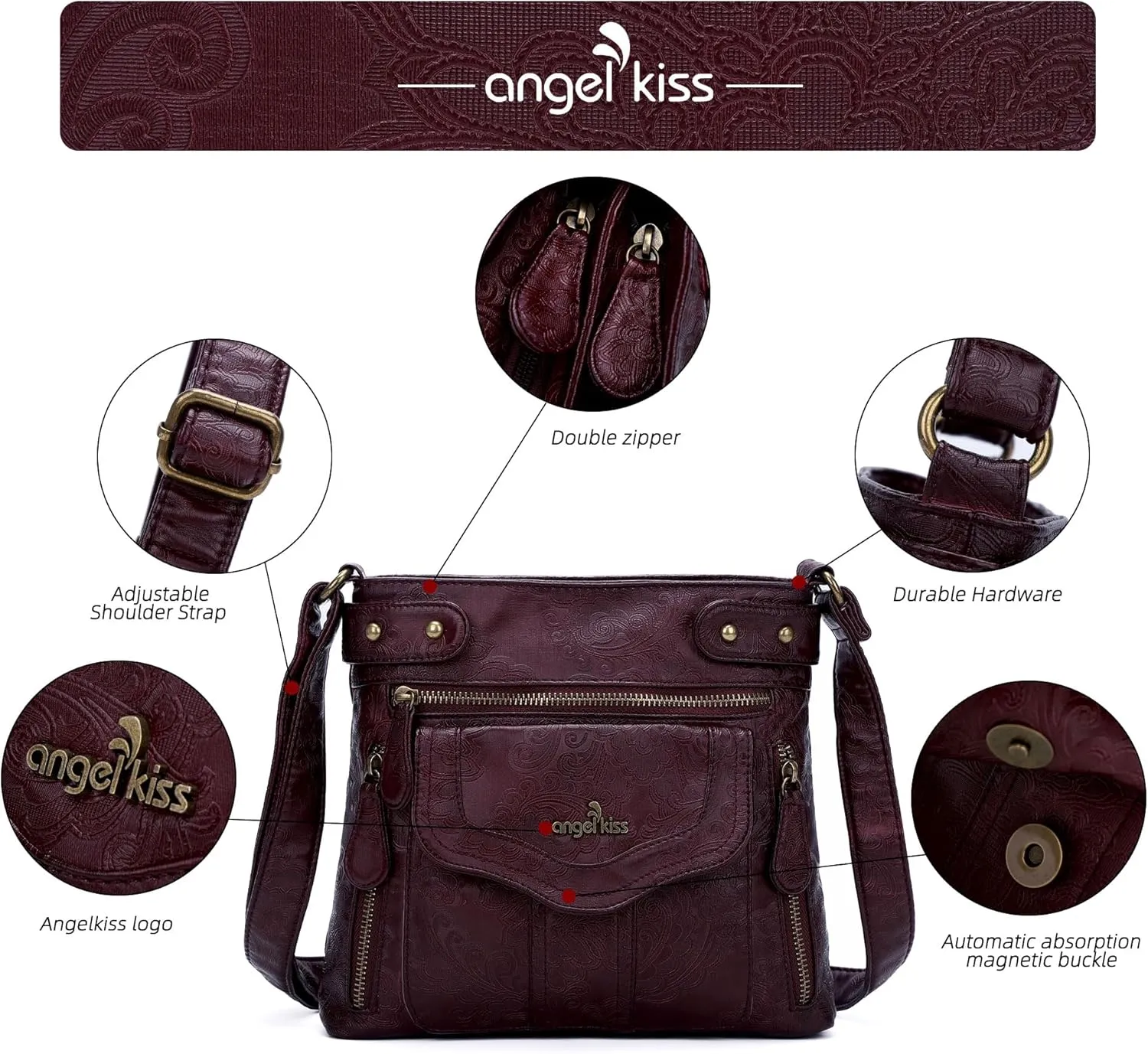 Angel Kiss Crossbody Purse for Women Multi Pockets Bags Retro Vegan Designer Leather Women's Shoulder Handbags