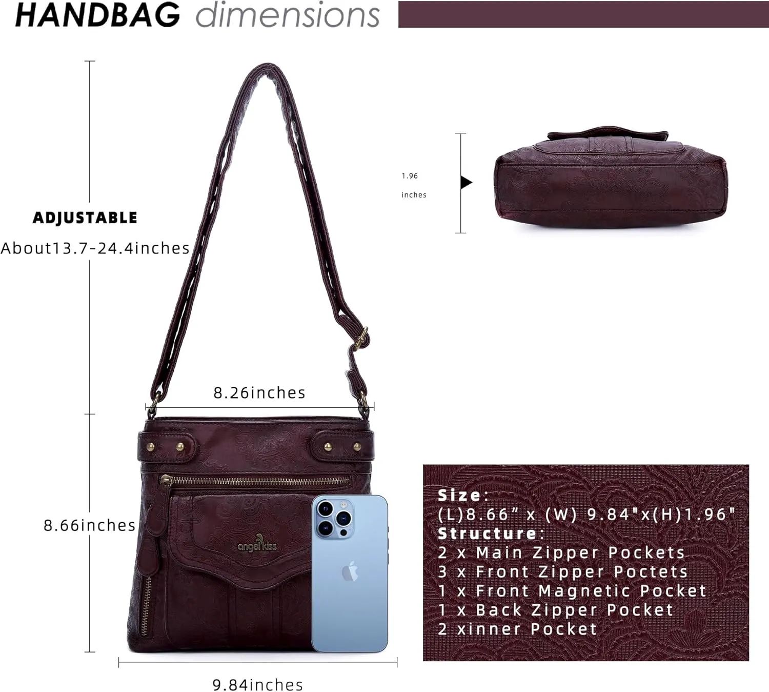 Angel Kiss Crossbody Purse for Women Multi Pockets Bags Retro Vegan Designer Leather Women's Shoulder Handbags