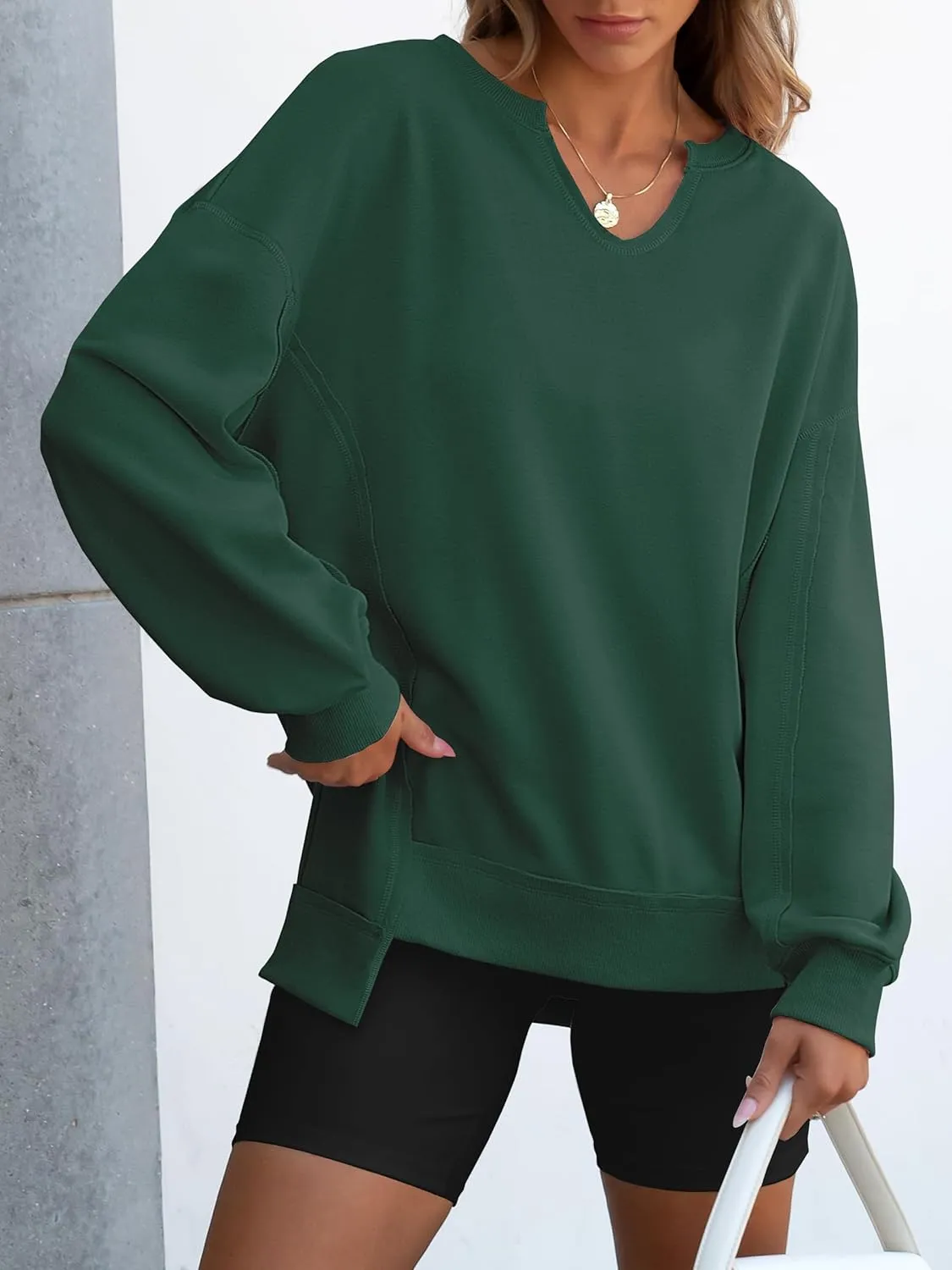 ANRABESS Womens Oversized Sweatshirts V Neck Long Sleeve Tunic Lightweight Pullover Shirts 2025 Fall Tops Teen Girls Outfits