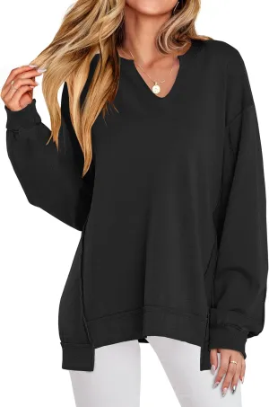 ANRABESS Womens Oversized Sweatshirts V Neck Long Sleeve Tunic Lightweight Pullover Shirts 2025 Fall Tops Teen Girls Outfits