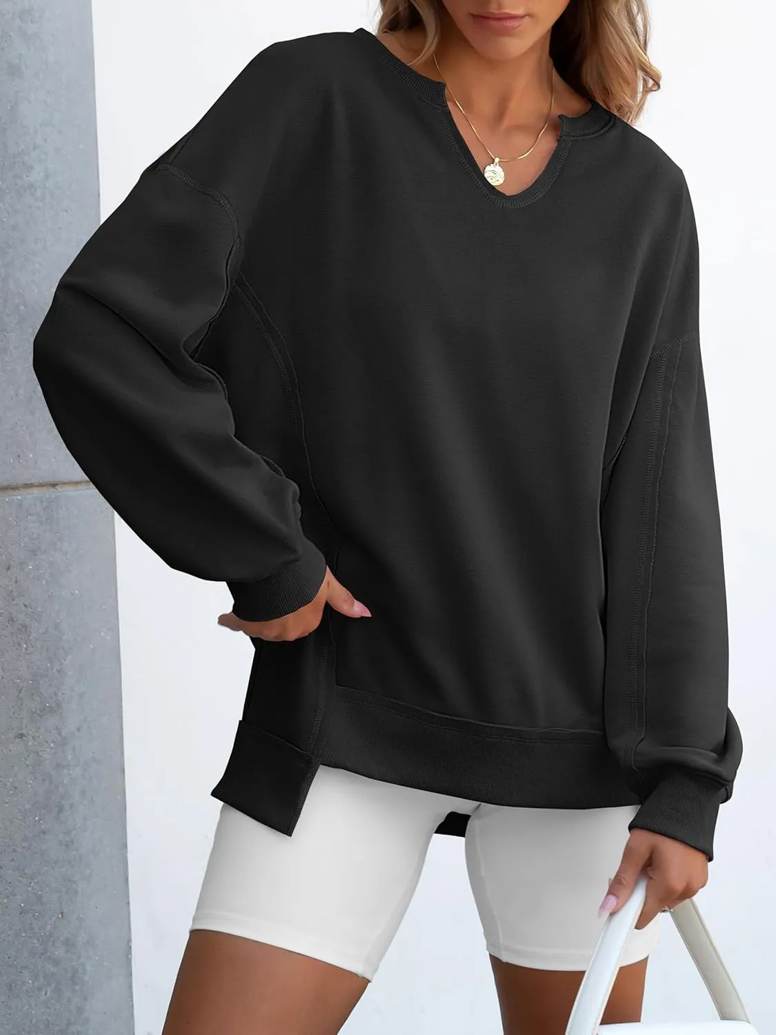 ANRABESS Womens Oversized Sweatshirts V Neck Long Sleeve Tunic Lightweight Pullover Shirts 2025 Fall Tops Teen Girls Outfits